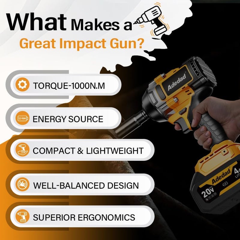 Adedad 1000N.m Cordless Impact Wrench 1/2 inch,20V 740ft-lbs High Torque Impact Gun with 2 x 4.0 AH Batteries,Sockets and Case,Brushless Power Impact Driver for Automotive and Heavy Duty Use - Image 3